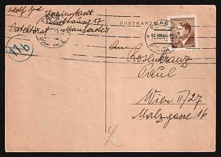 1944 (16 Aug) Bohemia and Moravia, Germany, Censored Postcard from Theresienstadt Ghetto (Terezin, Czechoslovakia, now Czech Republic) to Vienna (Austria) via Prague (Czech Republic), franked with 30h, with Censorship Handstamp blue round with number '11b', Judaica