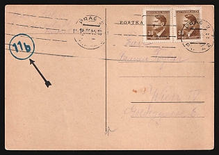 1944 (14 Sep) Bohemia and Moravia, Germany, Censored Postcard from Theresienstadt Ghetto (Terezin, Czechoslovakia, now Czech Republic) to Vienna (Austria) via Prague (Czech Republic), franked with 2 x 30h, with Censorship Handstamp blue round with number '11b', Judaica