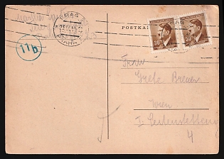 1944 (23 Sep) Bohemia and Moravia, Germany, Censored Postcard from Theresienstadt Ghetto (Terezin, Czechoslovakia, now Czech Republic) to Vienna (Austria) via Prague (Czech Republic), franked with 2 x 30h, with Censorship Handstamp blue round with number '11b', Judaica
