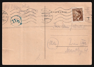 1944 (17 Aug) Bohemia and Moravia, Germany, Censored Postcard from Theresienstadt Ghetto (Terezin, Czechoslovakia, now Czech Republic) to Vienna (Austria) via Prague (Czech Republic), franked with 30h, with Censorship Handstamp blue round with number '11b', Judaica