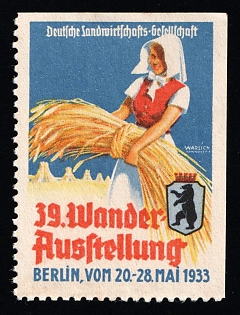 1933 'Reich Exhibition of the German Agricultural Society Berlin, from May 20 to May 28, 1933', Third Reich Nazi Germany Propaganda Label Stamp