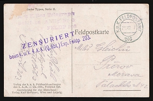 1917 (21 Aug) 'Emil Weiss - Volhynian types, serie II', Austria-Hungary, K. u. k. Military Mail Field Post Feldpost Censored Postcard to Prerov (Czech Republic), with Censorship Handstamp in purple color 'CENSORED beim k. u. k. 4. A.K. (Q. Abt.) Exp. Feldp. 203', with the Handstamp of the unit 'K. u. k. Reserve Telegraph Operations Department №3'