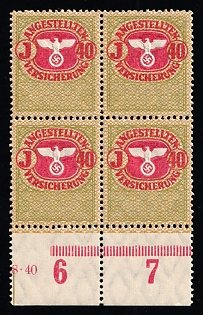 1930-40 'Employees Insurance', Revenue Stamp, Third Reich Nazi Germany Propaganda, Block of Four, Margin, Sheet Inscription