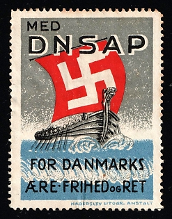 1920-1945 'With DNSAP for Honor, Freedom and Law of Denmark', Swastika, Denmark, Nazi Germany Third Reich Propaganda Label Stamp