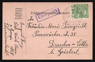 1916 (16 Apr) Austria-Hungary, Military Mail Field Post Feldpost Censored Postcard from Terezin (now Czech Republic) to Dresden-Cotta (Germany), with purple rectangular Censorship Handstamp 'Checked', franked with 5h