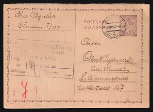 1942 (9 Apr) Bohemia and Moravia, Germany, 60h Postal Stationery Postcard from Chrudim (now Czech Republic) to Litzmannstadt Ghetto (Lodz, Poland), with rectangular blue Handstamp 'Litzmannstadt Ghetto Administration', Judaica