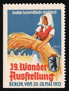 1933 'Reich Exhibition of the German Agricultural Society Berlin, from May 20 to May 28, 1933', Third Reich Nazi Germany Propaganda Label Stamp