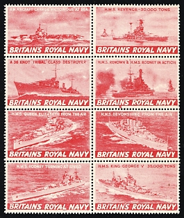 Great Britain, Britain's Royal Navy, Cinderella Stamps with War Navy Ships, Se-tenants Propaganda Block