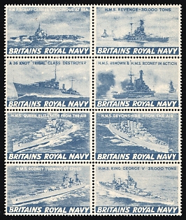 Great Britain, Britain's Royal Navy, Cinderella Stamps with War Navy Ships, Se-tenants Propaganda Block
