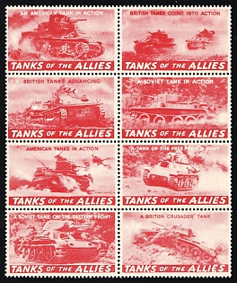 Great Britain, Tanks of the Allies, Cinderella Stamps with armored vehicles, Se-tenants Propaganda Block