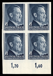 1941 8Gr General Government, Germany, Block of Four, Plate Numbers, Margin