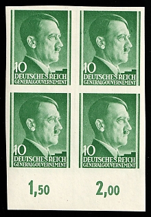 1941 10Gr General Government, Germany, Block of Four, Plate Numbers, Margin
