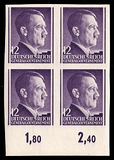 1941 12Gr General Government, Germany, Block of Four, Plate Numbers, Margin