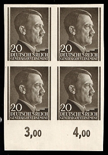 1941 20Gr General Government, Germany, Block of Four, Plate Numbers, Margin