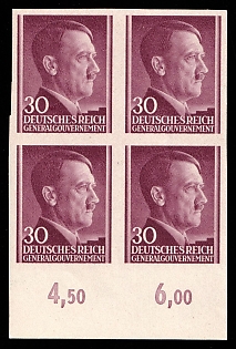 1941 30Gr General Government, Germany, Block of Four, Plate Numbers, Margin