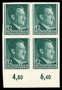 1941 32Gr General Government, Germany, Block of Four, Plate Numbers, Margin