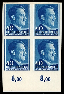 1941 40Gr General Government, Germany, Block of Four, Plate Numbers, Margin