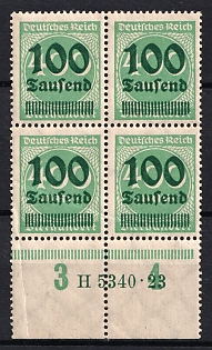 1923 100Tsd on 400m Weimar Republic, Germany, Block of Four, Margin, Sheet Inscription