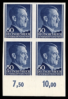 1943 50Gr General Government, Germany, Block of Four, Plate Numbers, Margin