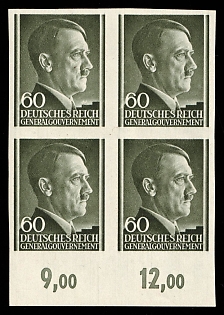 1943 60Gr General Government, Germany, Block of Four, Plate Numbers, Margin
