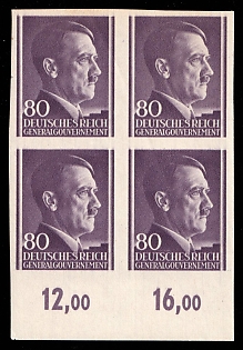 1943 80Gr General Government, Germany, Block of Four, Plate Numbers, Margin