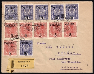 1919 (9 Nov) Kolomyia, West Ukrainian People's Republic, Ukraine, Registered Cover from Kolomyia to Kriesow (Bohemia), franked with 2x10h on 3h, 2 Pair x 10h on 3h, 5h on 15h, Strip 5h on 15h