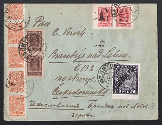 1923 (22 Feb) Russia, Cover from Melitopol to Brandys nad Labem-Stara Boleslav, Czechoslovakia, mixed franked with Russian Empire, RSFSR and Kiev (Kyiv) Types 1 and 2 Ukrainian Tridents stamps, tied by black Postage Due handstamp 'T' and signed by Kobylanski