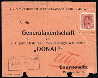 1919 Romanian Occupation of Kolomyia CMT, Censored Part of Cover from Kolomyia to Austrian Insurance Company 'DONAU' in Chernivtsi, franked with 60h on 15h, 'Haupt-Agentushaf, A. NEIDER & SOHN' Violet Handstamp