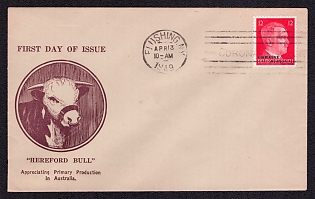 1949 Philatelic Souvenir FDS Cover 'Hereford Bull' Australia, Canceled in Flushing, New York, USA, franked with 12pf Ukraine German Occupation