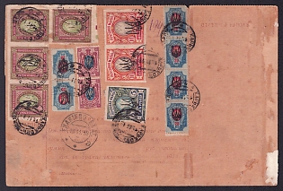 1918 (18 Nov) Ukraine, Form of the Accompanying Address to the Parcel as a Postal Order from Kharkiv to Yenakiieve, franked with 15k, 20k, 3.5r, 5r, 10r by pair and strips Kharkov (Kharkiv) Types 1, 2 and 3 Ukrainian Tridents