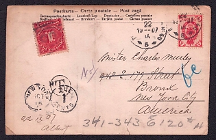 1907 (22 Sep) 'Klinichenko - Before the search', Russian Empire, Russia Uncommon Picture Postcard to New-York (United States) franked with 3k, 1c, with black letter "T" in a circle and 'DUE 1 CENTS' Handstamps