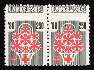 1987 250 Din Yugoslavia, Print Error, SHIFTED Perforation, Red Cross, Pair