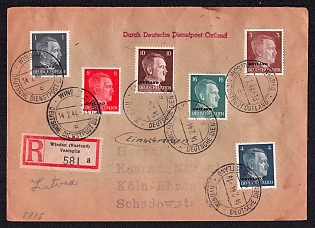1944 (8 Feb) registered cover, From Windau (Kurland) (now Ventspils, Latvia) to Cologne, Germany. The letter is franked with a 1pf, 3pf, 4pf, 8pf, 10pf, 16pf (overprinted Ostland on Deutsches Reich stamps, with a Windau postmark. The letter arrived in Cologne on 20 February 1944. Red lettering at the top of the envelope reads "Via German service post Ostland."