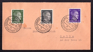 1942 (5 Sep) cover, From Riga (Latvia) to Celle (Germany). The letter is franked with 1 pf, 5 pf, 6 pf (with an Ostland overprint on Deutsches Reich stamps, with a Riga postmark (on the stamp Ostland Service Post Office). The postmark of the place of receipt is missing.