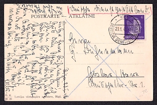 1942 (23 Jan) postcard, From Riga (Latvia). The letter is franked with 6pf (with an Ostland overprint on Deutsches Reich stamps, with a Riga postmark (on the stamp Ostland Service Post Office). The postmark of the place of receipt is missing; the postcard was not delivered due to the departure of the recipient. The postcard depicts a panorama of Riga.