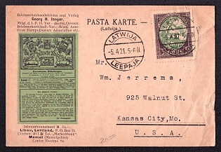 1921, Latvia, international postcard from the seller of stamps Leepaja to USA  Sc.72.