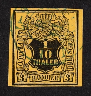 1851 1/10 Th - 3 SGR, Hannover, German States, Germany, Signed