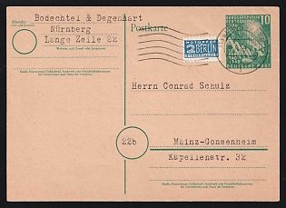 1949 (13 Sep) German Federal Republic, Germany, 10pf Postal Stationery Postcard from Nuremberg to Mainz franked with 2pf Compulsory Surcharge Stamp