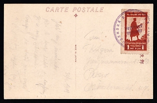 1919-20 Czechoslovak Legion in Siberia picture postcard franked with 1r legion soldier brown stamp tied by unusual violet circular legion handstamp, views Kitayskaya street in Vladivostok shown on back side