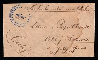 1919 Czechoslovak Legion in Siberia, Stampless military cover of 1st Battalion (battalion handstamp) and legion circular handstamp on the back side, Signed