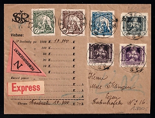 1918 Czechoslovakia Rare Valuable Insured Express Cover for 10,000 K (Czechoslovak crowns), franked with 6 postage stamps. Manuscript entries and postal clerk notations are present, including time and control markings