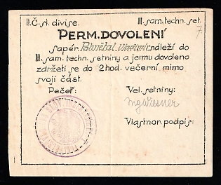 1919 Czechoslovak Legion in Siberia, Military Leave Permit Card (Perm. Dovolení) 11th Division Sapper WWI Era