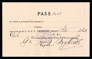 1920 Czechoslovak Legion Ship Pass USS President Grant – U.S.A.T. Transport XXXV, Signed Officer Document, Vladivostok to Trieste Repatriation, Rare WWI Aftermath Militaria