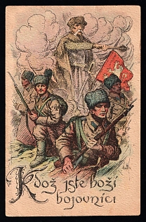 WWI Czechoslovak Legion Patriotic Postcard “Kdož jste boží bojovníci” – Armed Soldiers with Flag, 1910s Military Propaganda Card, Posted with Stamp, Rare Czech Militaria