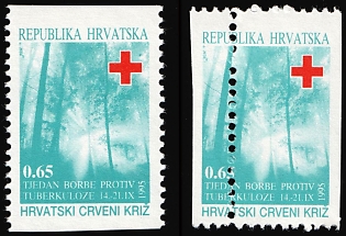 1995 0.65k Republic of Croatia, Varieties of Print Errors, SHIFTED Perforation, MISSING Perforation