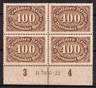 1922 Weimar Republic, Germany, Block of Four, Sheet Inscription '3' 'H 7035.22' '4'
