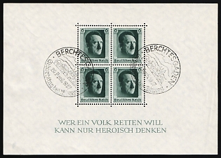 1937 (20 Apr) 'Berchtesgaden - Birthday of the Fuhrer', Third Reich, Germany, Souvenir Sheet, Commemorative Postmark