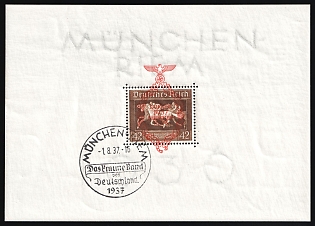 1937 (1 Aug) 'The Brown Ribbon of Germany in Munich - Riem', Third Reich, Germany, First Day of Issue, Souvenir Sheet, Commemorative Postmark