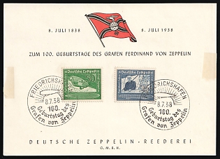 1938 (8 Jul) Third Reich, Germany, Graf Zeppelin Airship Souvenir Card from Friedrichshafen, franked with Complete set of 25pf-50pf, Commemorative Postmarks