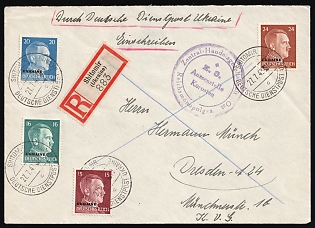 1942 (27 Jul) Ukraine, German Occupation, Germany, Official Mail (Dienstpost) Registered Cover from Zhytomyr to Dresden via Korosten with 'Reich Monopoly Society for Spirits Korosten Branch' Violet Administrative Handstamp and with Red Registration Label franked with 15pf, 16pf, 20pf and 24pf